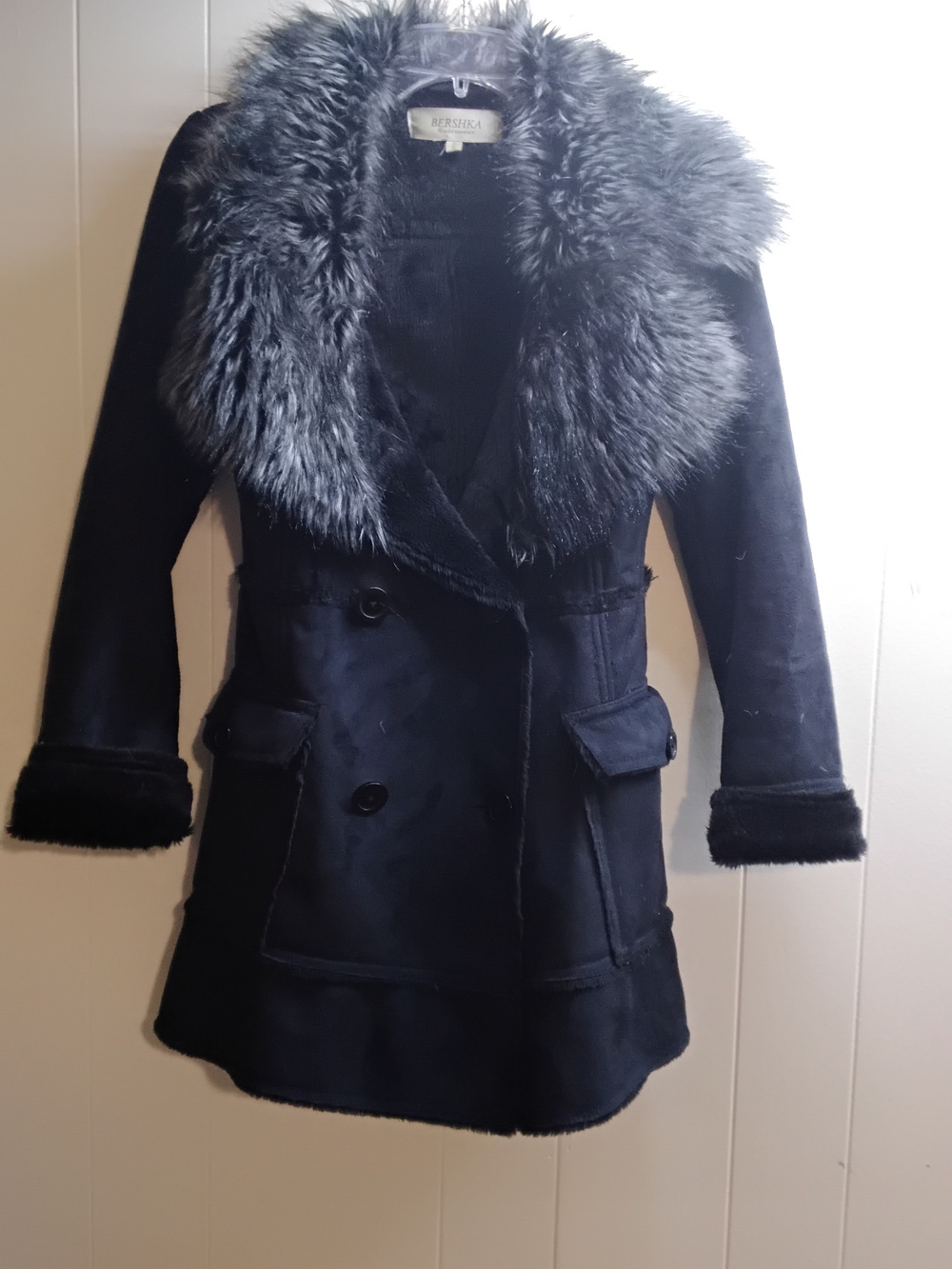 Bershka Black Faux Fur Trim Double-Breasted Coat
